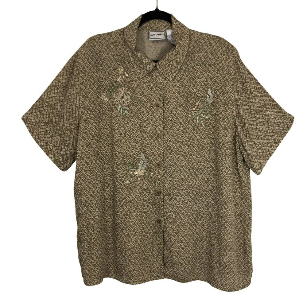 Napa Valley Shirt Textured Embroidered Size L Button-Up Short Sleeve Womens